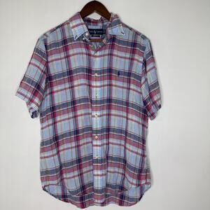 Ralph Lauren Shirt Mens Linen Medium Red Plaid Classic Short Sleeve Button Down